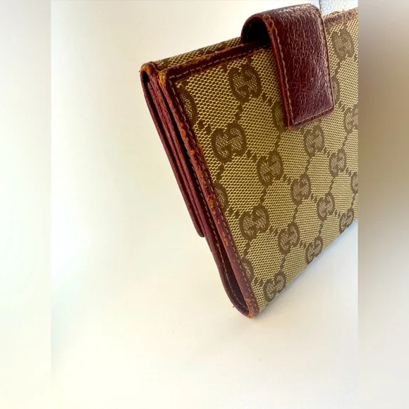 Gucci Wallet GG Supreme Bifold with Oxblood Leather & Logo Bar Plaque Authentic - Picture 3 of 16